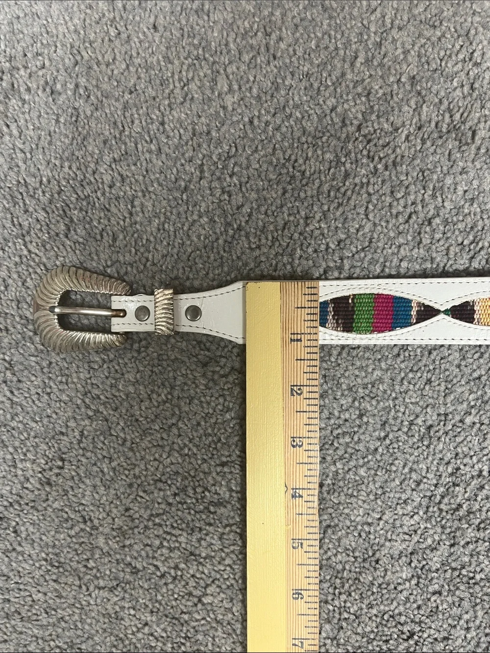 South Western White Leather Belt Tapestry Silver Buckle Size 30